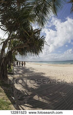 Stock Image - Sunbathers walking down the beach; Noosa Heads, Queensland, Australia. Fotosearch