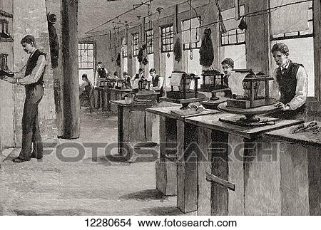 The alignment room in a 19th century printing works. From The Century Magazine, published 1887. View Large Photo Image Picture - The alignment room in a 19th century printing works. From The Century Magazine, published 1887.. Fotosearch