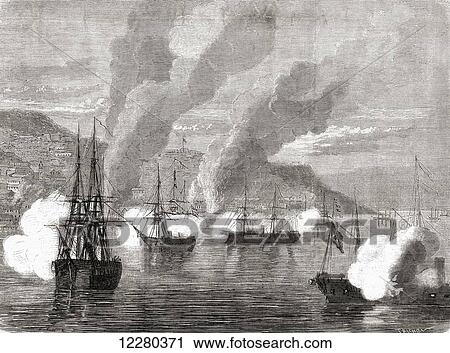 Stock Image - The Bombardment of Valparaiso on 31 March 1866 by a Spanish fleet who shelled, burned and destroyed the undefended port of Valparaíso, Chile, South America. From L'Univers Illustre, published 1866.. Fotosearch