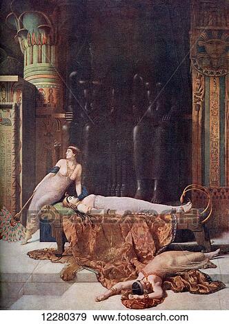 Stock Photo - The Death of Cleopatra. Cleopatra VII Philopator, c. 69 BC – 30 BC. Last active pharaoh of Ancient Egypt. After the painting by John Collier. From Hutchinson's History of the Nation, published 1939.. Fotosearch