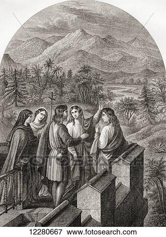 Stock Photo - The Delectable Mountains from the housetop. From The Pilgrim's Progress by John Bunyan. 19th century print.. Fotosearch