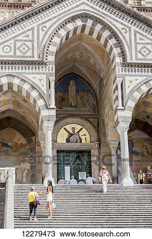 The detailed Romaneseque architecture and arched entranceway of the historic Amalfi Cathedral; Amalfi, Province of Salerno, Italy View Large Photo Image Stock Image - The detailed Romaneseque architecture and arched entranceway of the historic Amalfi Cathedral; Amalfi, Province of Salerno, Italy. Fotosearch