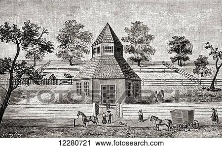 Stock Image - The First Friends' Meeting House, Burlington County, New Jersey, United States of America. After a drawing dating from the late 17th century. From The Century Magazine, published 1887.. Fotosearch