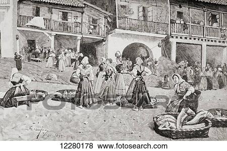 The fish market in Vigo, Spain in the 19th century after the drawing by Joaquín Araújo Ruano. From La Ilustracion Española y Americana, published 1892. View Large Photo Image Stock Photo - The fish market in Vigo, Spain in the 19th century after the drawing by Joaquín Araújo Ruano. From La Ilustracion Española y Americana, published 1892.. Fotosearch
