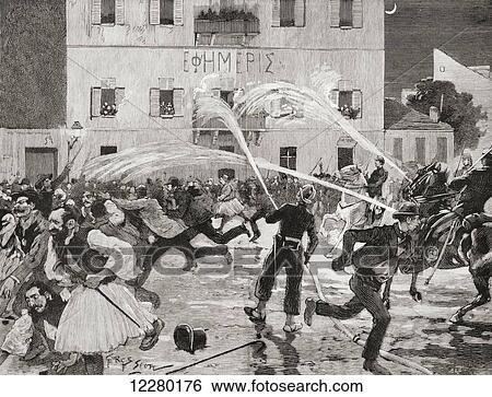Stock Photograph - The Greek Elections of 1892. A popular manifestation in Athens, Greece, dispersed by firemen using water hoses. From La Ilustracion Española y Americana, published 1892.. Fotosearch