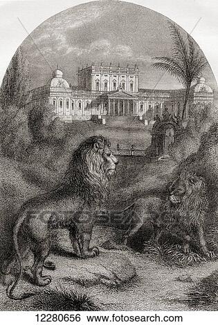 Stock Photograph - The Palace Beautiful. Lions in the way. From The Pilgrim's Progress by John Bunyan. 19th century print.. Fotosearch