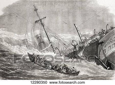 Stock Image - The sinking of the SS London in the Bay of Biscay on 11 January 1866, en route from Gravesend in England to Melbourne, Australia. From L'Univers Illustre, published 1866.. Fotosearch
