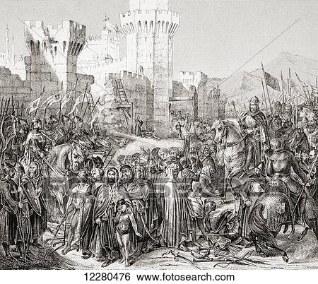 Stock Photograph - The surrender of Acre to Philip II of France, called Philip Augustus, during the Third Crusade, after a siege which lasted from August 28, 1189 until July 12, 1191. From L'Histoire Universelle Ancienne et Moderne, published in Strasbourg circa 1860.. Fotosearch