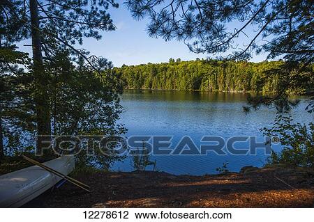 Stock Image - Upside down canoe at campsite by Burnt Island Lake in Algonquin Park; Ontario, Canada. Fotosearch
