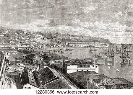Stock Photograph - Valparaiso, Chile, South America. The city and port in the late 19th century. From L'Univers Illustre, published 1866.. Fotosearch