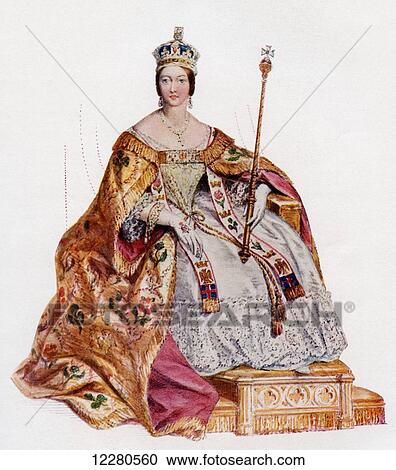 Stock Image - Victoria, 1819 – 1901, in her coronation robes at Westminster Abbey, 28 June, 1838. Queen of the United Kingdom of Great Britain and Ireland. From The Connoisseur Magazine, published 1902.. Fotosearch
