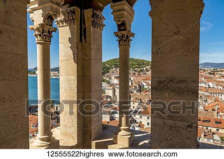 Stock Photograph - View from the top of St Domnius Bell Tower on the Peristyle of Diocletian's Palace; Split, Croatia. Fotosearch