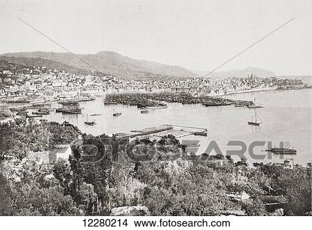 Picture - View of the city and port of Genoa, Italy in the 19th century. From La Ilustracion Española y Americana, published 1892.. Fotosearch