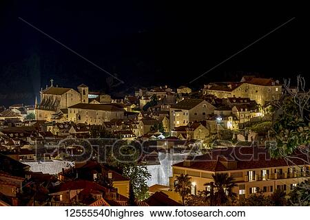 Stock Photograph - View of the Old City at night; Dubrovnik, Dubrovnik-Neretva County, Croatia. Fotosearch