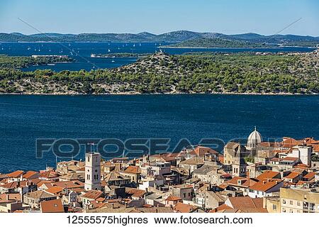 Views of Sibenik's harbour and the Krka River delta from Barone Fortress; Sibenik, Croatia View Large Photo Image Stock Photograph - Views of Sibenik's harbour and the Krka River delta from Barone Fortress; Sibenik, Croatia. Fotosearch