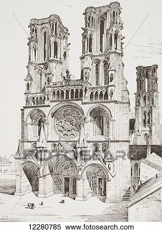 Stock Photography - Western facade of Laon Cathedral, Picardy, northern France. From Kunstgeschichte In Bildern, published 1902.. Fotosearch