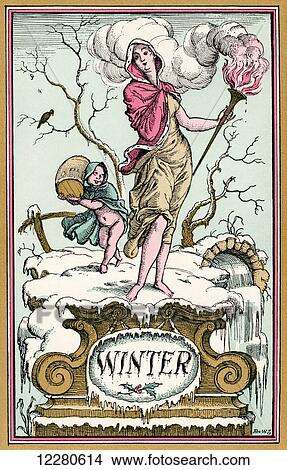 Picture - Winter. Illustration by Reginald John Rex Whistler. From The New Forget-Me-Not, A Calendar, published 1929.. Fotosearch