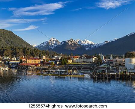 Stock Photograph - Winter view of Sitka Harbour with Gavan Hill and The Sisters mountains in background; Sitka, Alaska, United States of America. Fotosearch