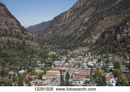 Stock Photograph - A town in a valley; Ouray, Colorado, United States of America. Fotosearch