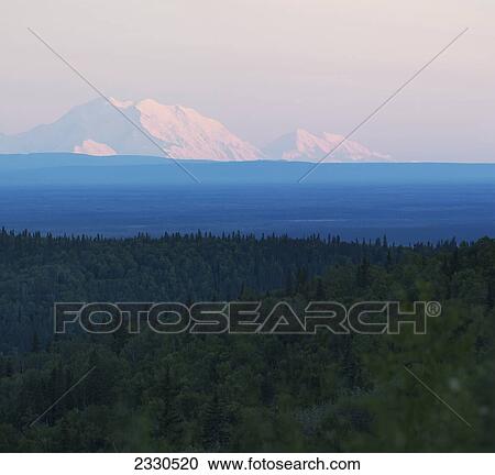 Stock Image - Mount Mckinley Viewed From George Parks Highway At Sunset; Alaska, United States Of America. Fotosearch