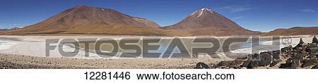 Stock Photograph - Panoramic image of Laguna Verde in Bolivia's Altiplano region; Sur Lipez, Bolivia. Fotosearch