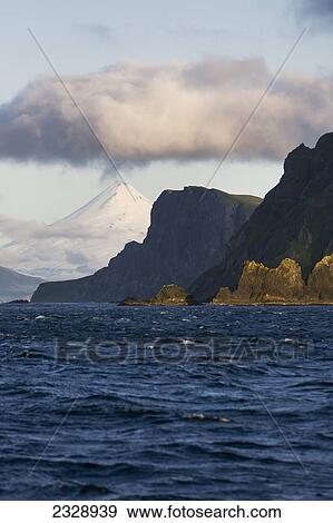 Shishaldin Volcano And Isanotski Peaks In The Background Of The Rugged Cliff Shoreline Of Cape Pankof On Unimak Island, Eastern Aleutian Islands; Southwestern Alaska, United States Of America View Large Photo Image Stock Photo - Shishaldin Volcano And Isanotski Peaks In The Background Of The Rugged Cliff Shoreline Of Cape Pankof On Unimak Island, Eastern Aleutian Islands; Southwestern Alaska, United States Of America. Fotosearch