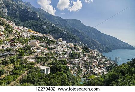 The town of Positano on the scenic Amalfi Coast drive in Italy showing the Meditteranean Sea and historic mountainous villages and old world architecture; Positano, Campania, Province of Salerno, Italy View Large Photo Image Stock Image - The town of Positano on the scenic Amalfi Coast drive in Italy showing the Meditteranean Sea and historic mountainous villages and old world architecture; Positano, Campania, Province of Salerno, Italy. Fotosearch