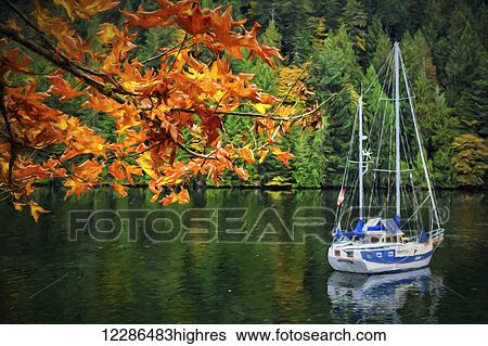 A blue and white sailboat rests at anchor in autumn near Gowlland Tod Provincial Park, on the backside of Butchart Gardens, near Victoria; Vancouver Island, British Columbia, Canada View Large Photo Image Stock Photograph - A blue and white sailboat rests at anchor in autumn near Gowlland Tod Provincial Park, on the backside of Butchart Gardens, near Victoria; Vancouver Island, British Columbia, Canada. Fotosearch