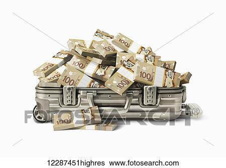 Stock Photograph - A briefcase overflowing with bundles of one hundred dollar bills; Toronto, Ontario, Canada. Fotosearch