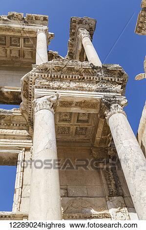 A close up cropped low angle view of the Library of Celsus at the Ephesus ancient city historic site; Selcuk, Turkey View Large Photo Image Stock Photograph - A close up cropped low angle view of the Library of Celsus at the Ephesus ancient city historic site; Selcuk, Turkey. Fotosearch