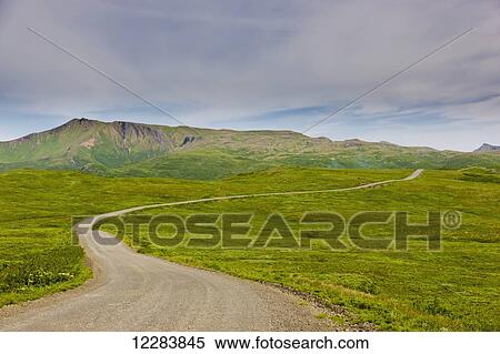 A dirt Road winds through green tundra up a hillside, Sand Point, Popof Island, Southwestern Alaska, USA, Summer View Large Photo Image Stock Photography - A dirt Road winds through green tundra up a hillside, Sand Point, Popof Island, Southwestern Alaska, USA, Summer . Fotosearch