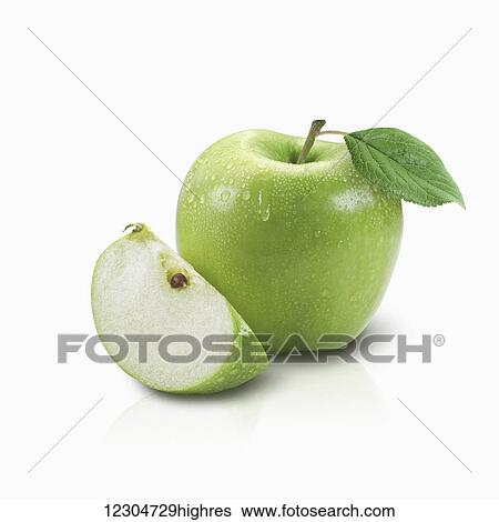 A green apple with a leaf on it's stem, and a wedge of cut apple; Toronto, Ontario, Canada View Large Photo Image Stock Photograph - A green apple with a leaf on it's stem, and a wedge of cut apple; Toronto, Ontario, Canada. Fotosearch