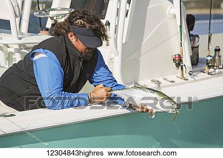 Stock Photograph - A man holds his fresh catch off the edge of a fishing boat on the Atlantic coast; Cape Cod, Massachusetts, United States of America. Fotosearch