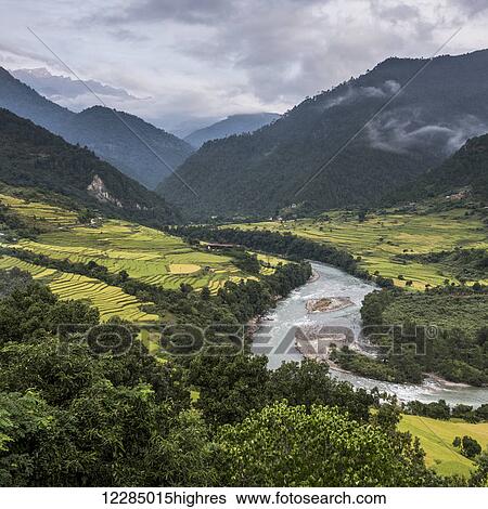 Stock Photograph - A river flowing through a valley with lush farmland surrounded by mountains; Punakha, Bhutan. Fotosearch