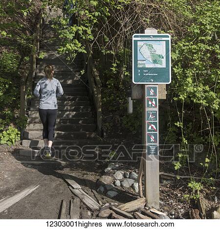 Stock Photograph - A woman jogs on a trail and up some stairs passing a sign post with a map, Foreshore Trail; Vancouver, British Columbia, Canada. Fotosearch