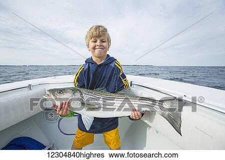Stock Photograph - A young boy holds a large Striped Bass on a fishing boat off the Atlantic coast; Boston, Massachusetts, United States of America. Fotosearch