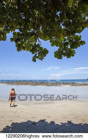 Stock Photograph - A young woman admires the view of the beach; Tamarindo, Costa Rica. Fotosearch