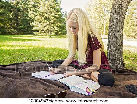 Stock Photograph - A young woman with long blond hair spending personal time in Bible study outdoors in a park in autumn; Edmonton, Alberta, Canada. Fotosearch
