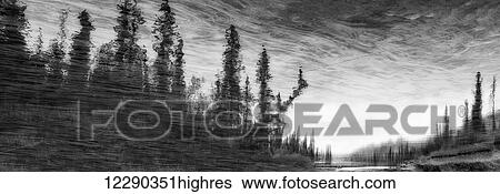 Stock Photograph - Abstract painterly stlye, reflection on water, Jasper National Park; Alberta, Canada. Fotosearch