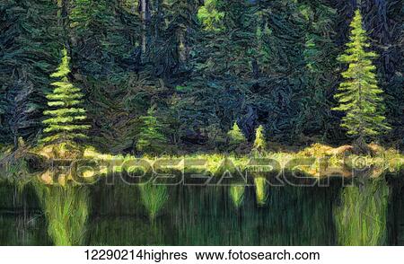 Stock Photograph - Abstract painterly style, reflection on water, Jasper National Park; Alberta, Canada. Fotosearch