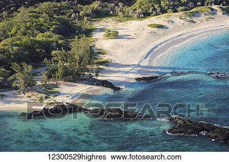 Stock Photograph - Aerial view of Makalawaema Beach in Kekaha Kai State Park; Kailua Kona, Island of Hawaii, Hawaii, United States of America. Fotosearch