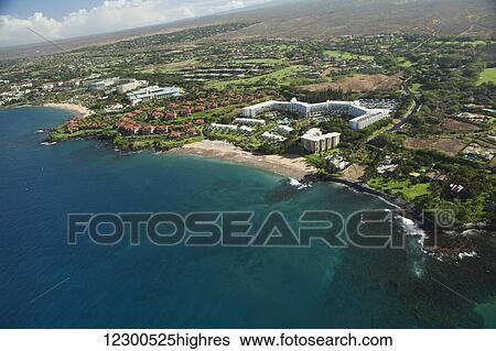 Stock Photograph - Aerial view of the Fairmont hotel and Kea Lani resort, Polo Beach; Wailea, Maui, Hawaii, United States of America. Fotosearch