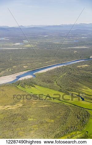 Stock Photograph - Aerial view of the foothills of the Brooks Range junction of the Koyukuk and John Rivers, Brooks Range; Alaska, United States of America. Fotosearch