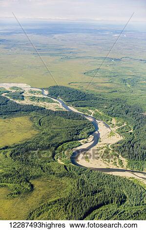 Stock Photograph - Aerial view of the foothills of the Brooks Range junction of the Koyukuk and John Rivers, Brooks Range; Alaska, United States of America. Fotosearch