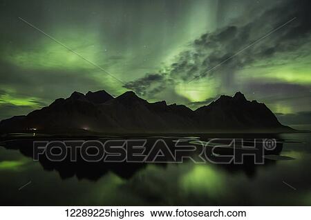 Aurora borealis overtop of Vestrahorn; Iceland View Large Photo Image Stock Photograph - Aurora borealis overtop of Vestrahorn; Iceland. Fotosearch