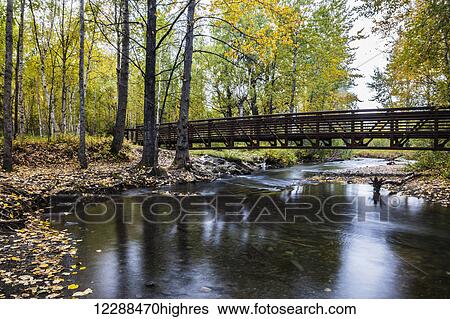 Stock Photograph - Autumn scenic of Campbell Creek and bridge, Anchorage, Southcentral Alaska. Fotosearch