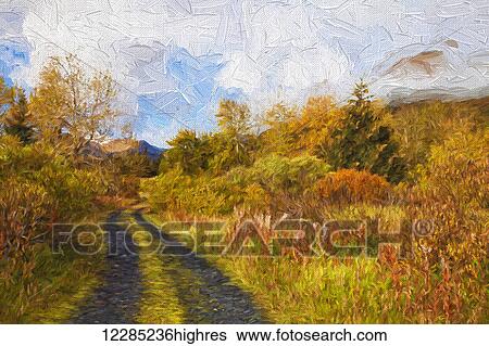 Stock Photograph - Autumn scenic oil painting along Chiniak Highway; Kodiak, Alaska, United States of America. Fotosearch