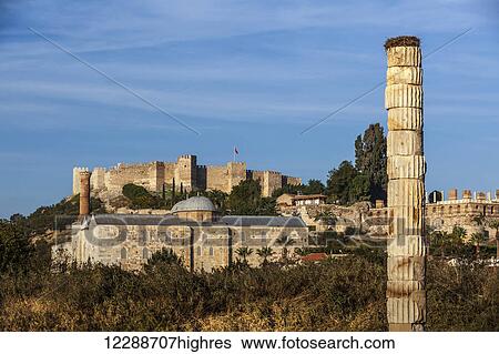 Stock Photograph - Ayasuluk Hill with Selcuk Castle and the Temple of Artemis; Ephesus, Turkey. Fotosearch