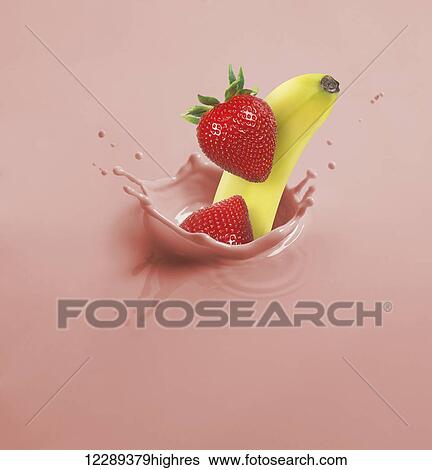 Banana and strawberries splashing into pink liquid; Toronto, Ontario, Canada View Large Photo Image Stock Photograph - Banana and strawberries splashing into pink liquid; Toronto, Ontario, Canada. Fotosearch