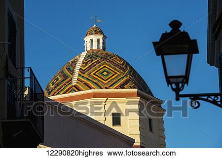 Stock Photograph - Beautiful mosaics at the dome of the Church of St Michael; Alghero, Sardinia, Italy. Fotosearch